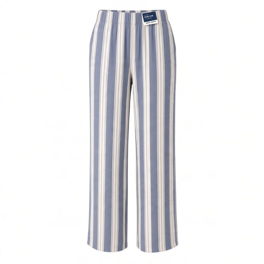 Old Navy Women's Wide Leg Striped White Blue Pants 100% Cotton Size XL